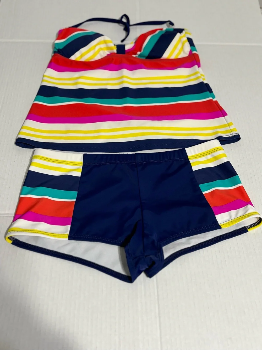 Tankini Set Striped Multicolor Top with Navy Swim Shorts Women M